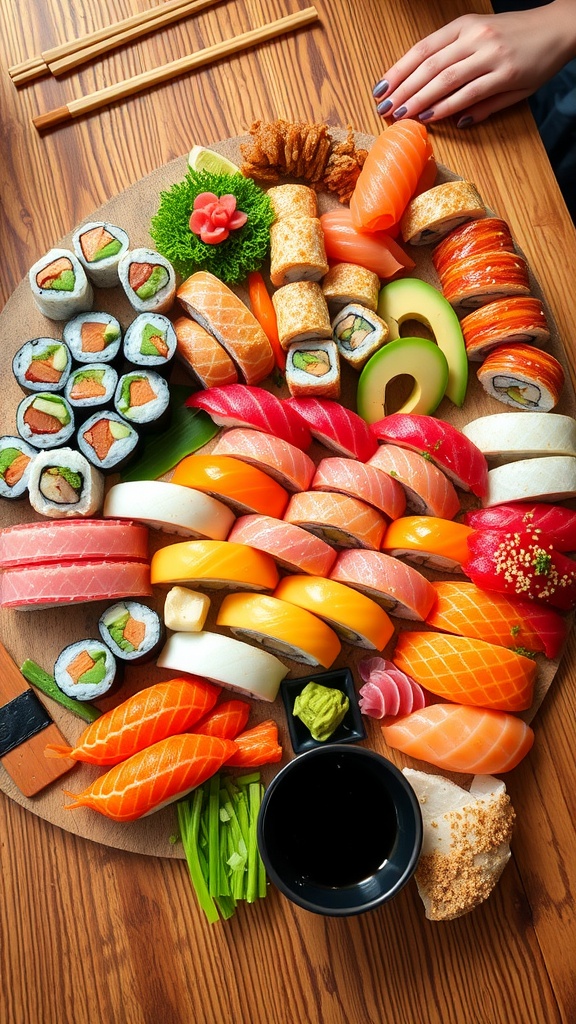 A beautifully arranged sushi board with rolls, sashimi, avocado, and vegetables, surrounded by dipping sauces.